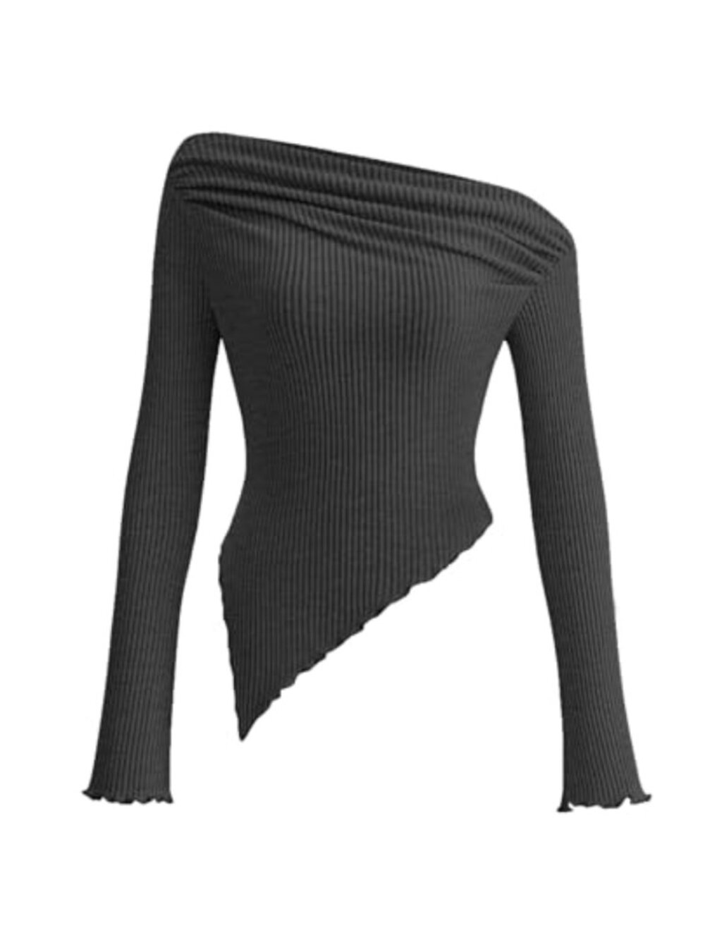 Ribbed Knit Off Shoulder Asymmetrical Crop Top Long Sleeve Y2K Going Out Tee